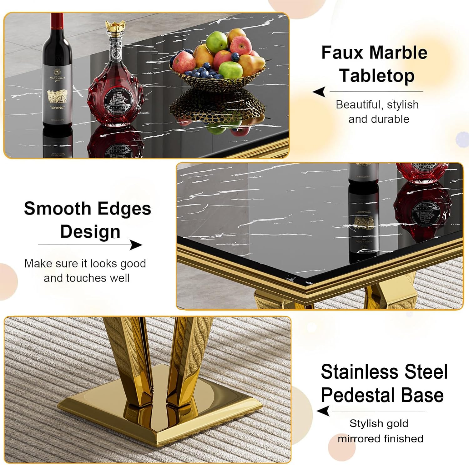 68' Luxury Rectangular Marble Dining Table for 4 to 6, Black Faux Marble Kitchen Table with Gold X Shape Stainless Steel Pedestal, Modern Kitchen Dining Room Table for Breakfast Dinette Dinner Party