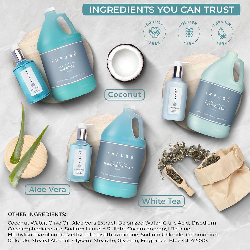 Terra Pure H2O Tropical Infuse Gallon & Dispenser Set | Shampoo, Conditioner, Body Wash Gallons | Refillable 10.14oz Pump Bottles