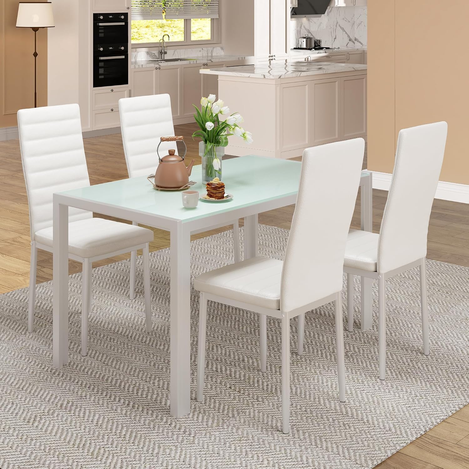 Bealife Kitchen Dining Table Set for 4, Tempered Glass 5 Piece Table and Chairs Set Modern for Home, Kitchen, Living Room, Dining Room, White