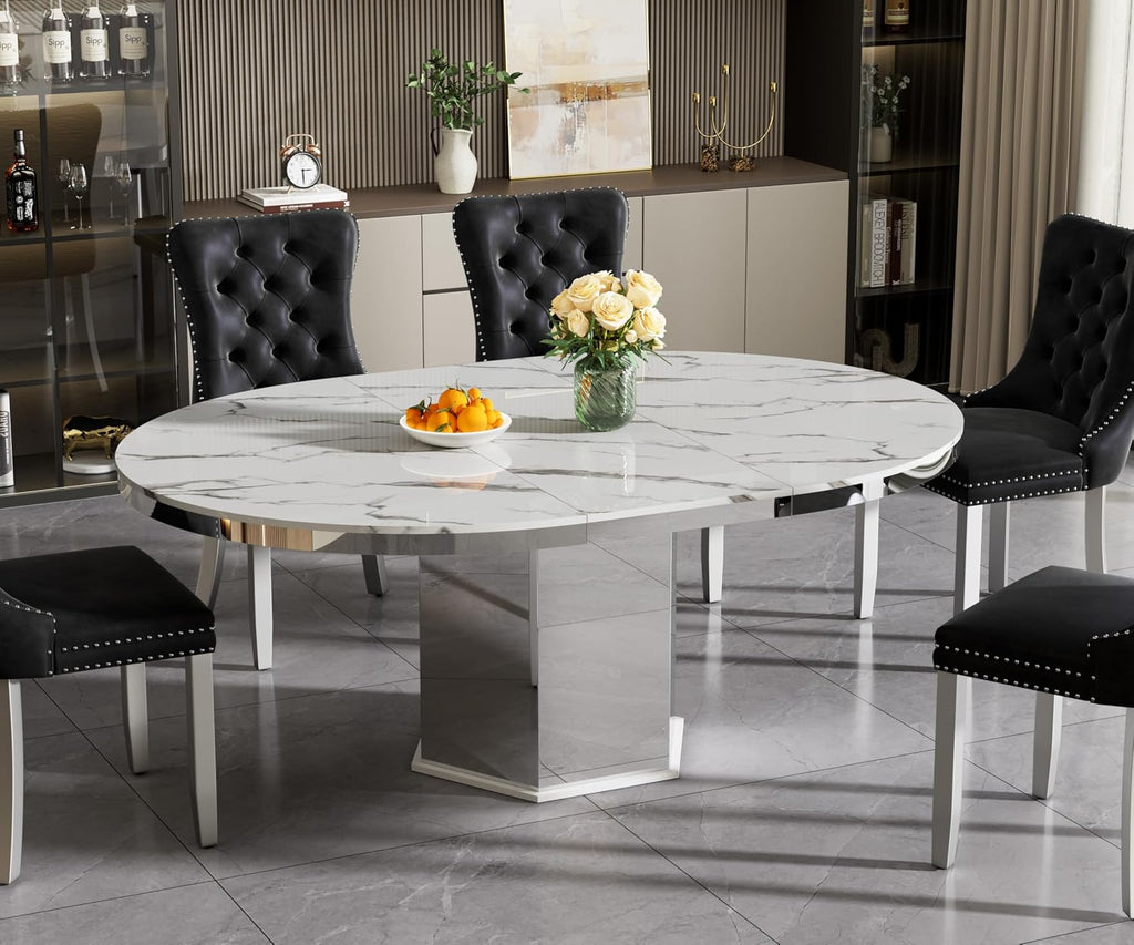 47'-63' Round Extendable Dining Table for 4-6, Modern Expandable Kitchen Table with White Faux Marble Top & Silver Mirrored Hexagon Base, Luxury Faux Marble Dining Room Table for Family Gathering