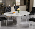 47'-63' Round Extendable Dining Table for 4-6, Modern Expandable Kitchen Table with White Faux Marble Top & Silver Mirrored Hexagon Base, Luxury Faux Marble Dining Room Table for Family Gathering