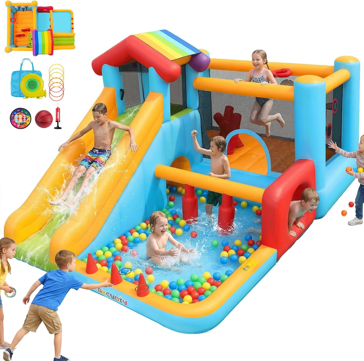 AKEYDIY Bounce House, Inflatable Bounce House for Kids 3-12, Obstacle Bouncy House with Slide, Trampoline, Ball Pit, Basketball Hoop, Target, Climbing, Tunnel, Indoor Outdoor, 450W Blower