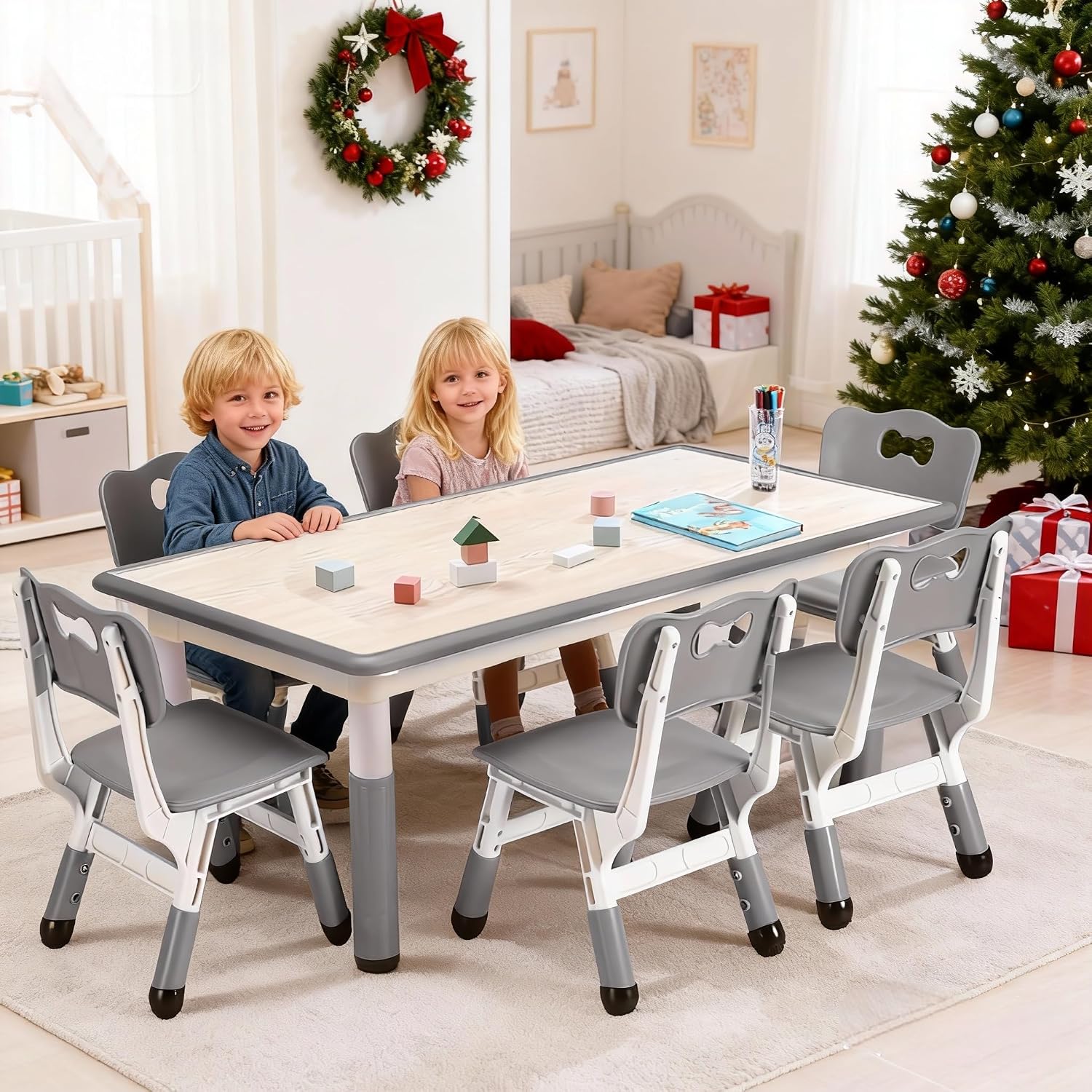 Garvee Kids Table and 6 Chair Set,47 in Modern Height Adjustable Toddler Table and 6 Chairs Set with Non-Slip Desk Legs& Organizer Graffiti Desktop,Preschool Activity Art Craft Tables for 6（Gray