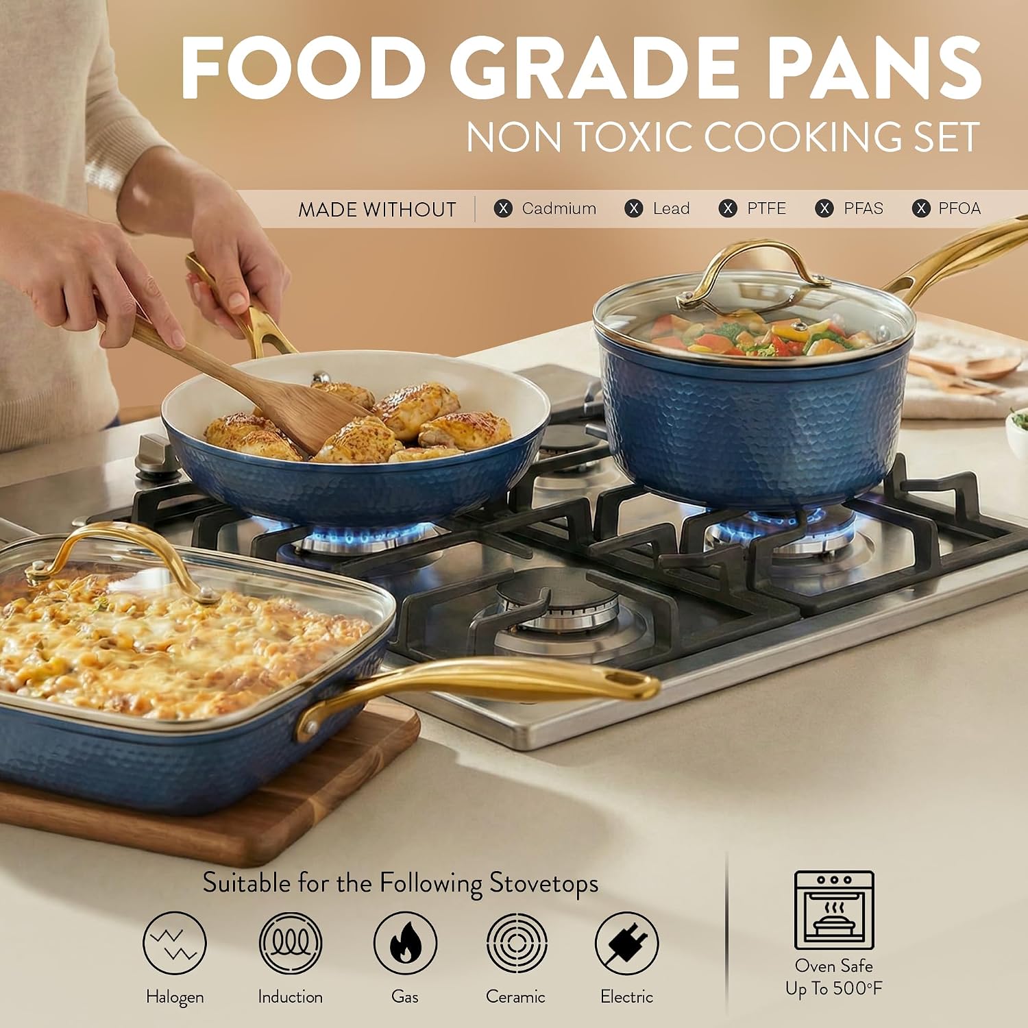 Gotham Steel Hammered 20Pcs Ceramic Cookware Set, Induction Pots and Pans Set Non Stick with Deep Fry Pan, Steamer, & Bakeware, Non Toxic PFOA PFOS Free, Oven & Dishwasher Safe