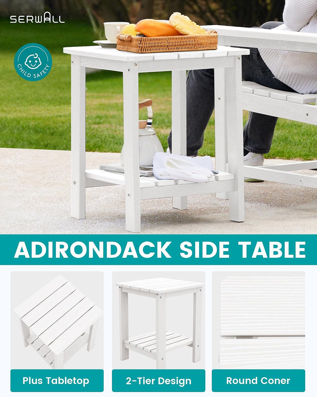 SEWRWALL 3 Pieces Patio Bistro Set, All Weather Adirondack Chair Set with Side Table, HDPE Material Outdoor Patio Furniture Set for Balcony, Porch, Garden, Backyard- White