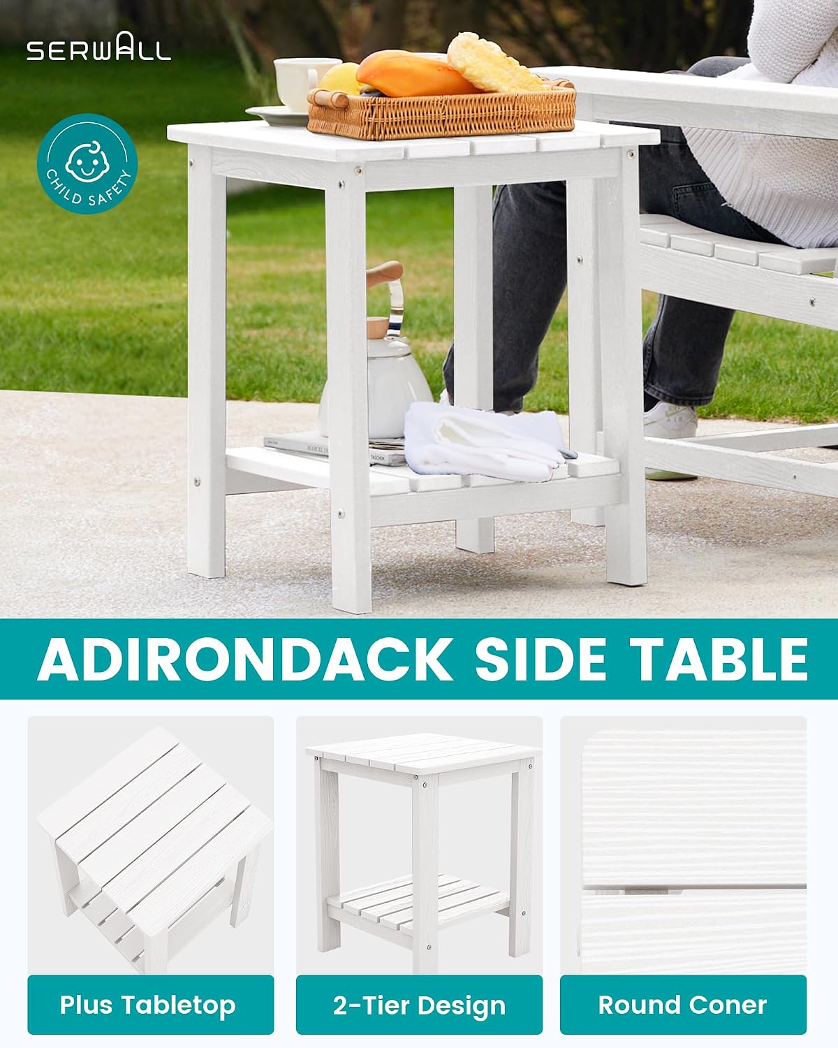 SEWRWALL 3 Pieces Patio Bistro Set, All Weather Adirondack Chair Set with Side Table, HDPE Material Outdoor Patio Furniture Set for Balcony, Porch, Garden, Backyard- White