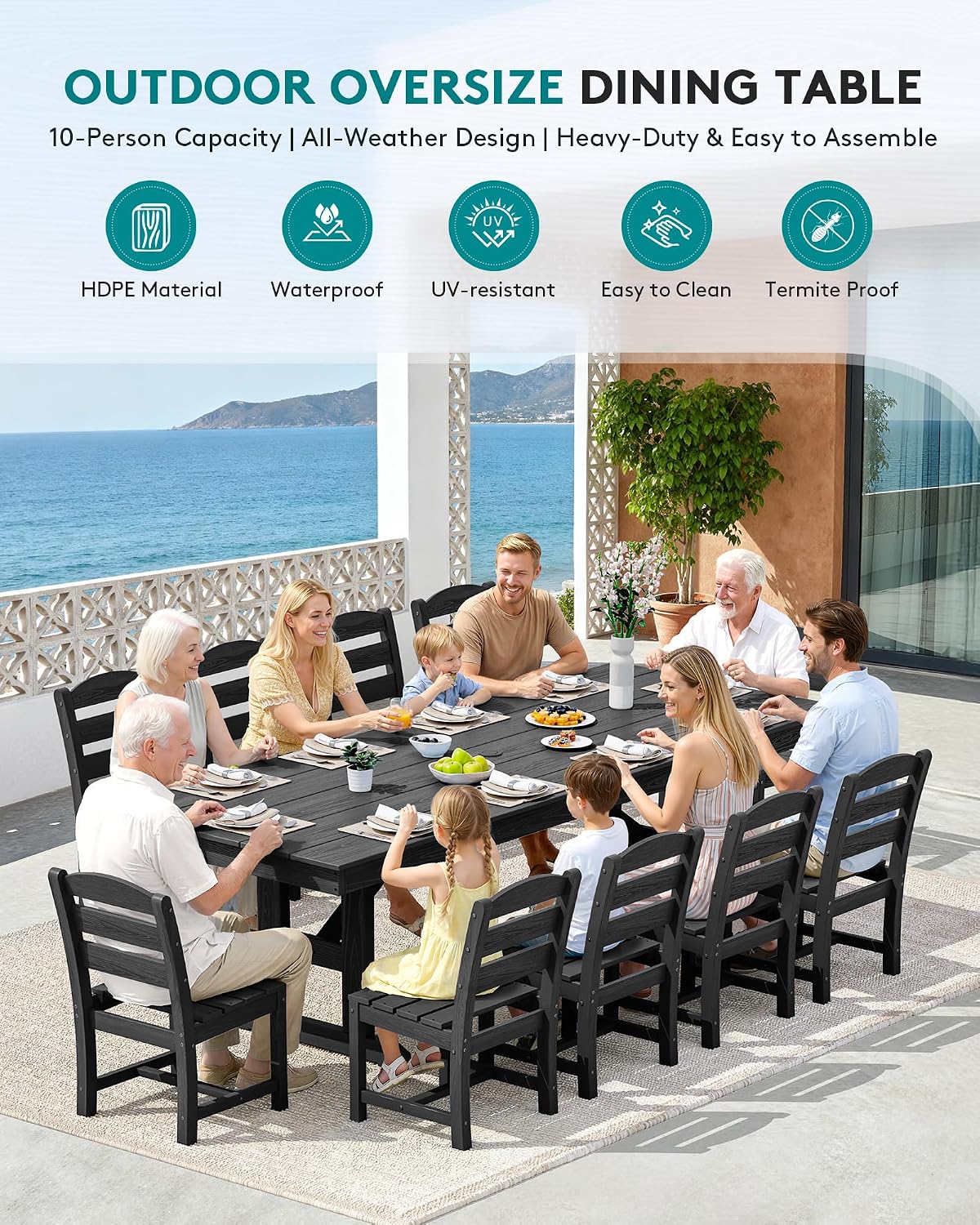 SERWALL Outdoor Dining Table, 84' Rectangular Dining Table for 6-10 Person, All Weather HDPE Outdoor Furniture for Backyard, Garden, Black