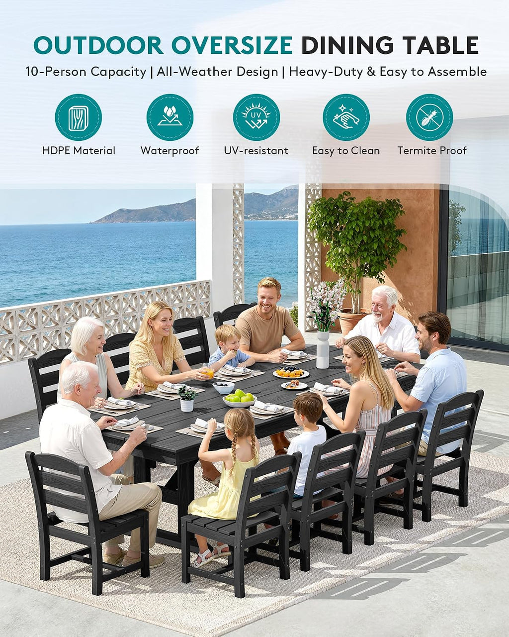 SERWALL Outdoor Armless Dining Chairs Set of 4, All-Weather HDPE Patio Chair with 19.7' Widened Seat, for Backyard, Garden, Black