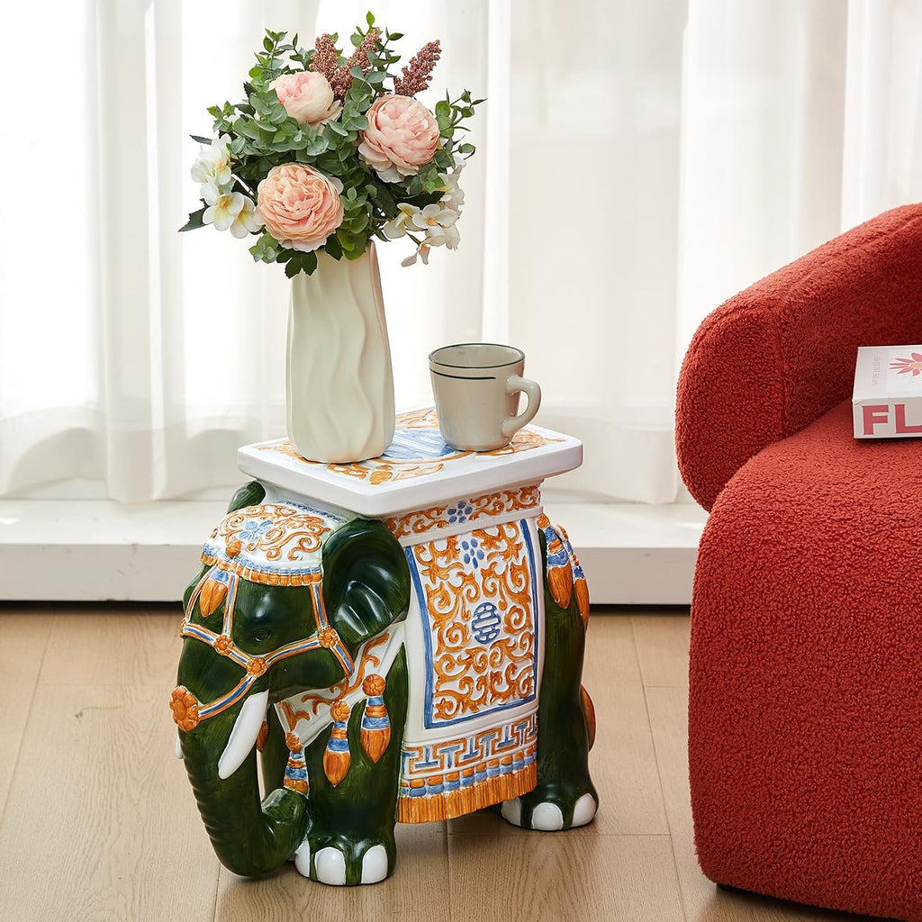 Leinuosen Elephant Garden Stool 16.5 Inch - Resin Elephant Side Table & Plant Stand, Indoor Outdoor Decorative Accent Table for Patio Balcony Living Room, Bohemian Home Decor Gift(Green Color)