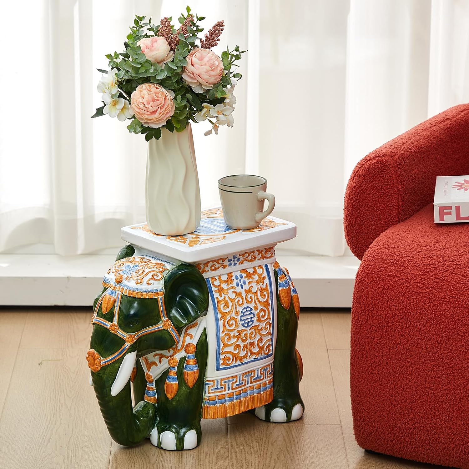 Leinuosen Elephant Garden Stool 16.5 Inch - Resin Elephant Side Table & Plant Stand, Indoor Outdoor Decorative Accent Table for Patio Balcony Living Room, Bohemian Home Decor Gift(Green Color)