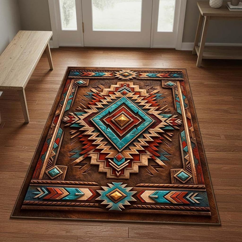 Southwestern Aztec Area Rug 5'x8' Brown Turquoise Rust Western Carpet, 3D Tribal Ranch Farmhouse Design, Non Slip Washable Low Pile Rug for Living Room Bedroom
