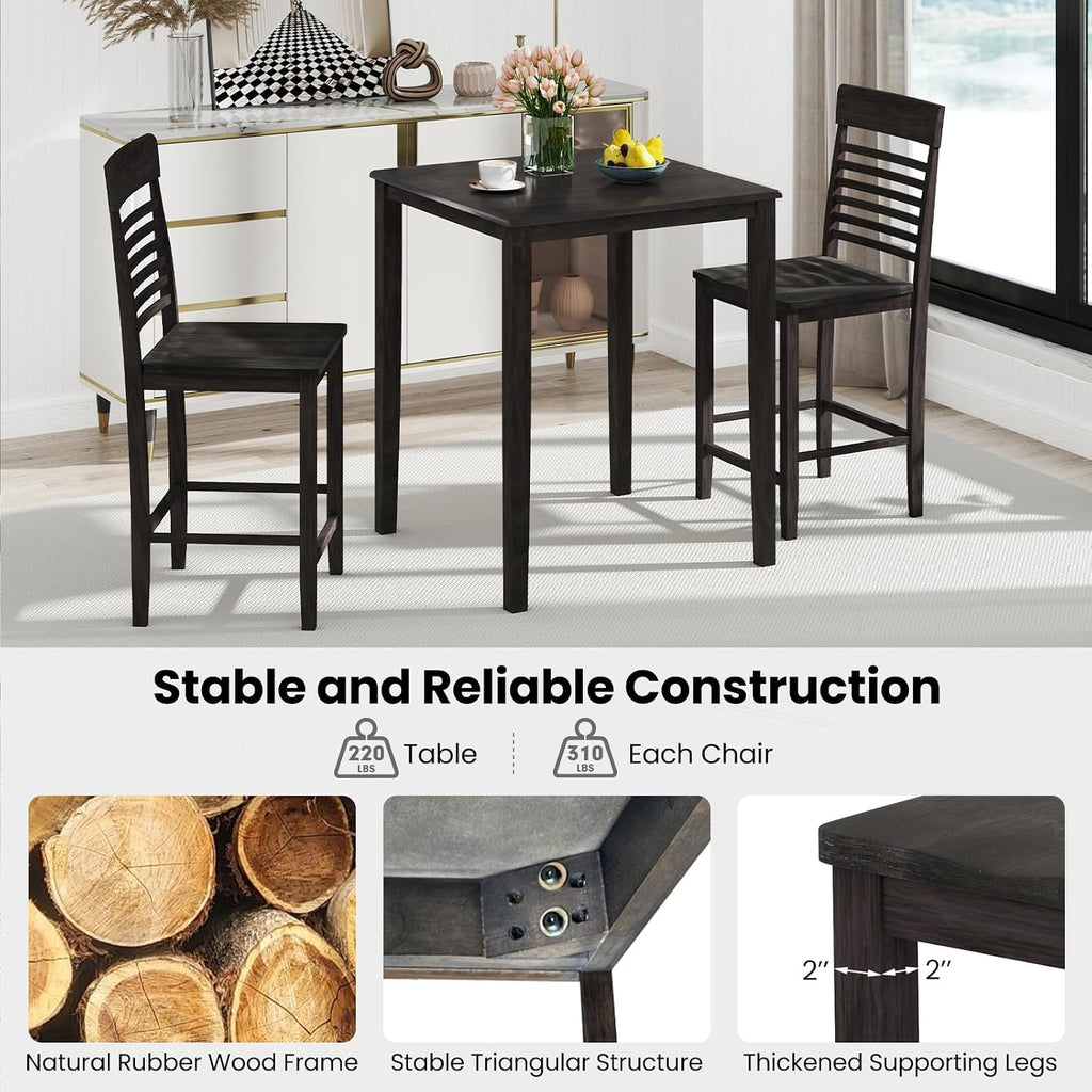 Giantex 3-Piece Dining Table Set for 2, Counter-Height Square Kitchen Table and Chairs Set with Rubber Wood Frame, Curved Back, Footrest, Bar Table Set for Small Place Dinette Breakfast Nook