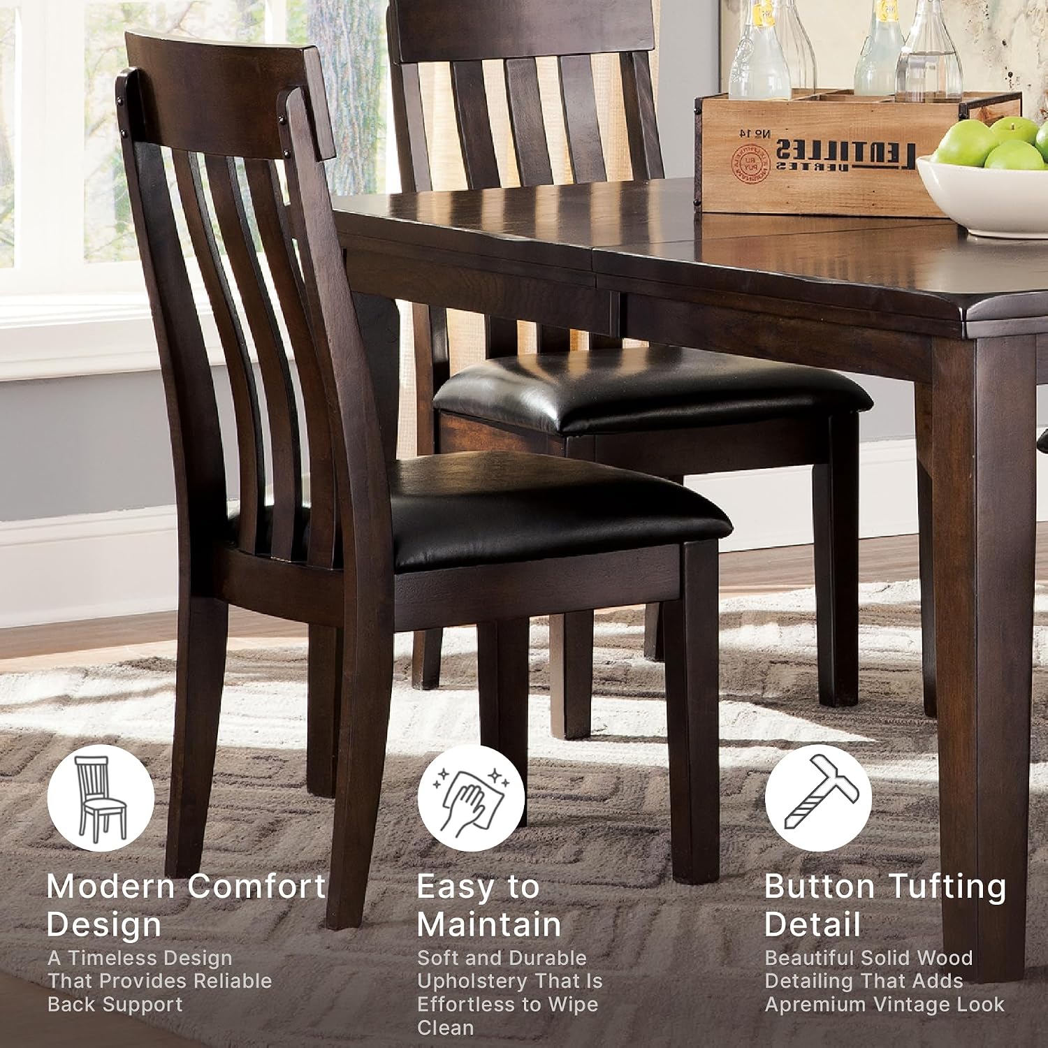Signature Design by Ashley Haddigan Faux Leather Cushioned Rake Back Dining Chair, 2 Count, Dark Brown