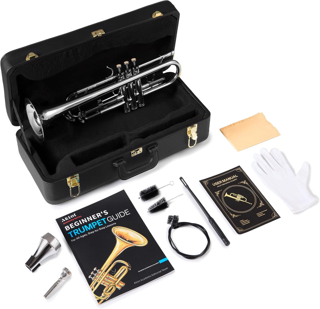 AKLOT Hand-Hammered Bell Bb Trumpet: Smooth Valve Action, Clear-Lacquered Brass Body, Standard Trumpet Beginner Set with Leather Case, Lesson Book, Trumpet Mute, Mouthpiece, Cleaning Kit (SNR-BrzBS)