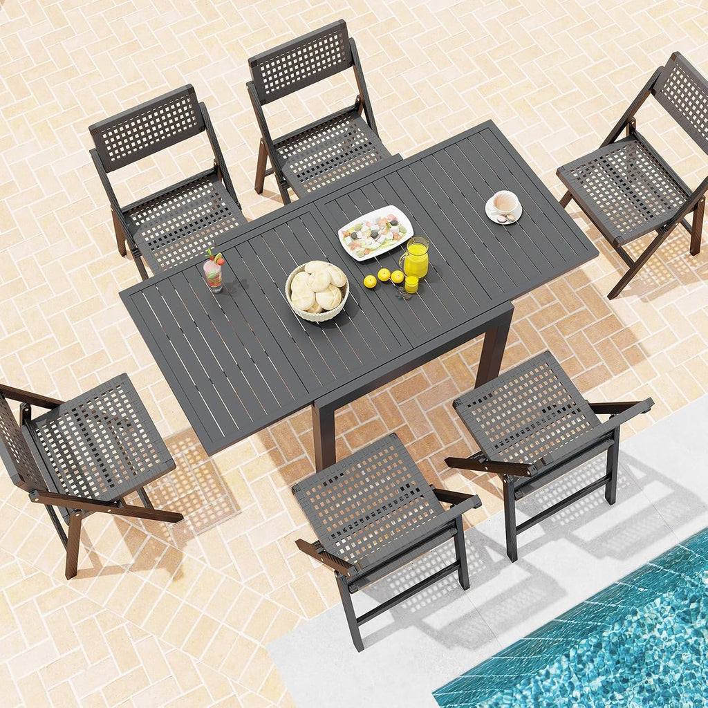 HAPPYGRILL Expandable Patio Dining Table Aluminum Outdoor Table for 4-6 Person with Slatted Tabletop, Square Rectangular Folding Patio Table for Porch, Lawn, Garden