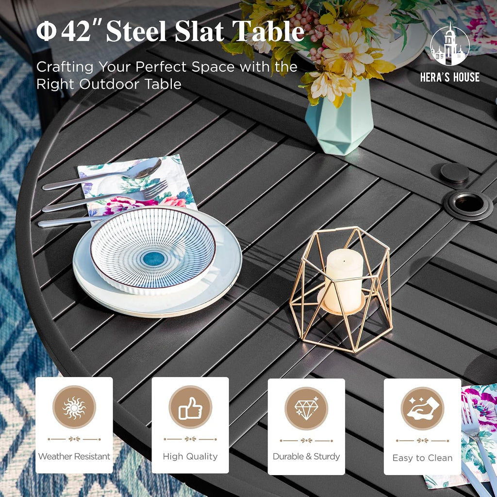 HERA'S HOUSE 5 Pieces Patio Table and Chairs Set, Outdoor Dining Furniture for 4, 42' Black Metal Round Dining Table with Umbrella Hole, 4 x Blue Textilene Chairs for Lawn Garden Backyard Deck