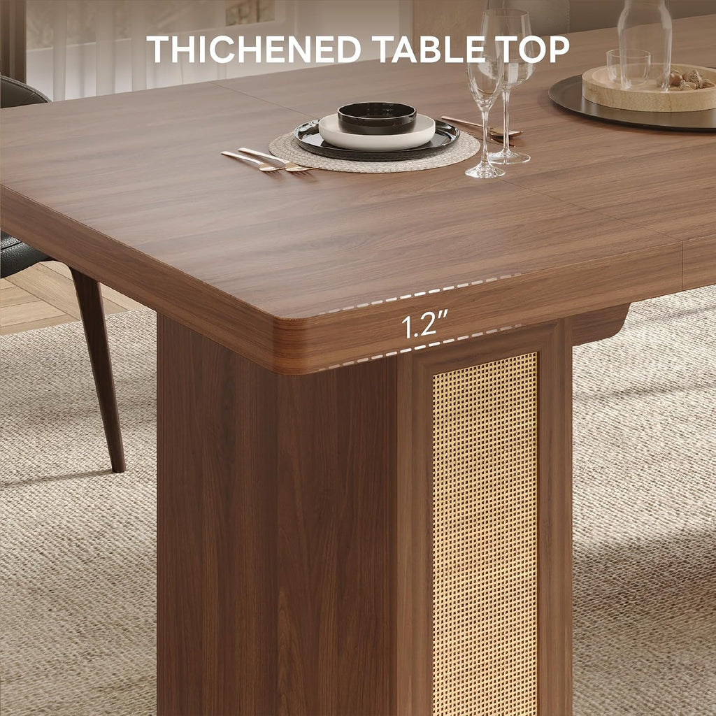 LIKIMIO 78.7' Farmhouse Dining Table for 6-8 People, Extra Thick Wood Top with 2 Hidden Adjustable Storage Drawers, Modern Woven Rattan Table for Dining Room, Kitchen, Living Room, Vintage Brown