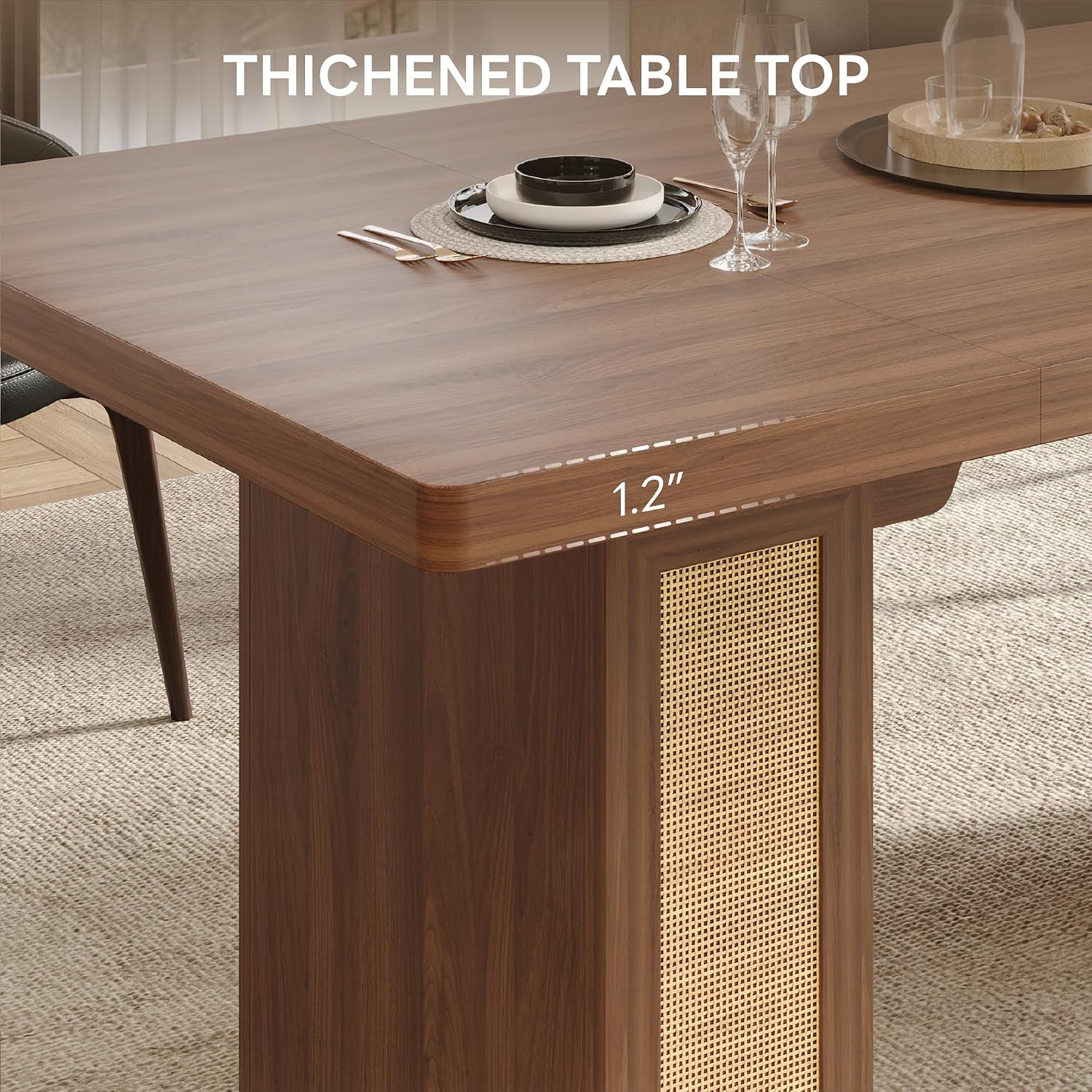 LIKIMIO 78.7' Farmhouse Dining Table for 6-8 People, Extra Thick Wood Top with 2 Hidden Adjustable Storage Drawers, Modern Woven Rattan Table for Dining Room, Kitchen, Living Room, Vintage Brown
