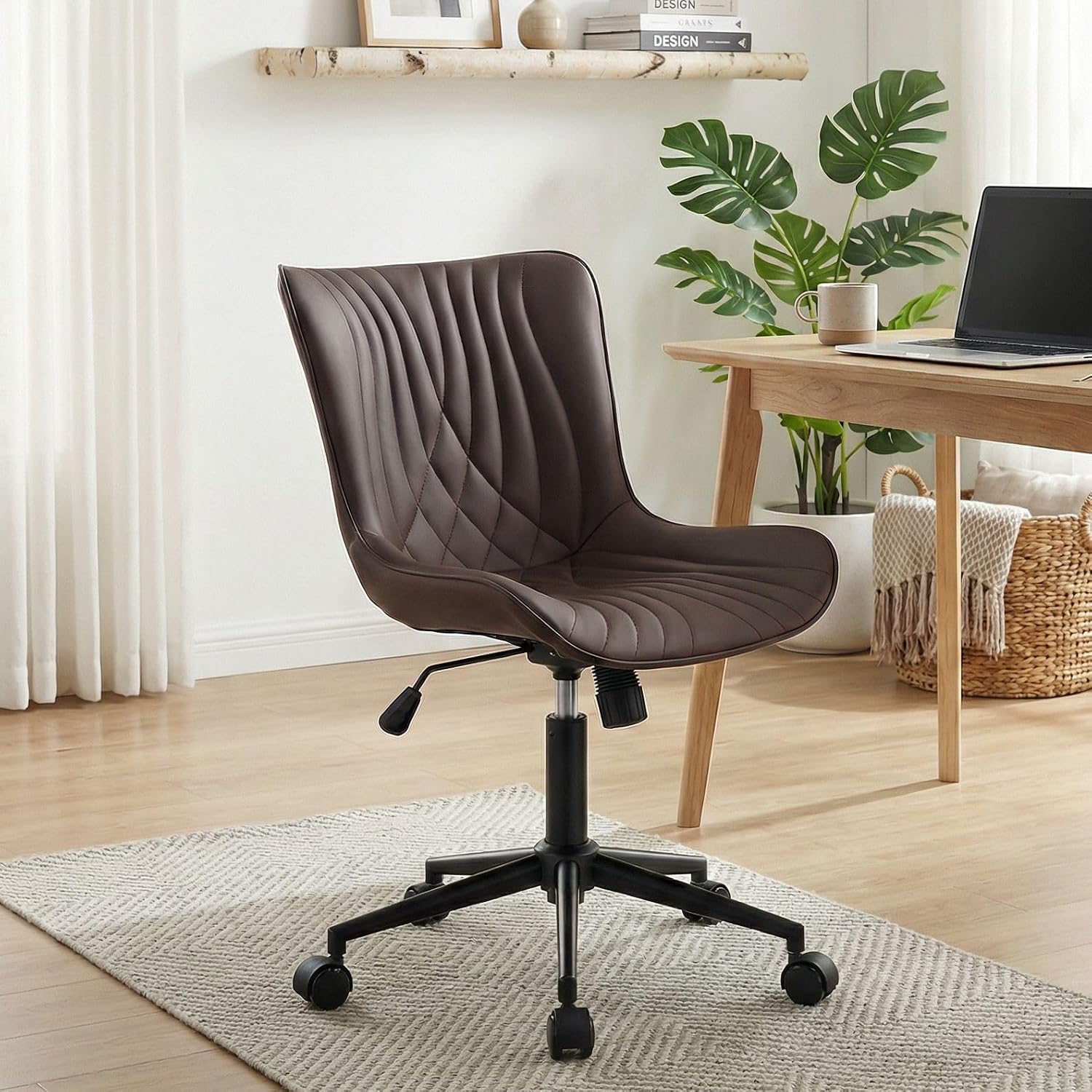 YOUNIKE Office Chair Brown, Armless Desk Chair with Wheels, Home Office Task Chairs, Modern Faux Leather Upholstered Adjustable Swivel Rocking Chair with Back