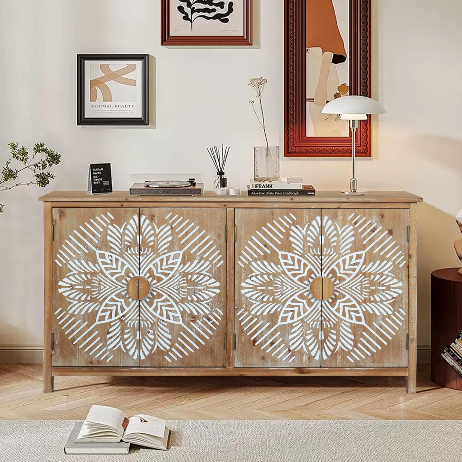LKTART 60' Sideboard Buffet Cabinet,Vintage Accent Credenza Storage with Carved Doors,Media Console Cabinet for Entryway, Living&Dining Room Organization