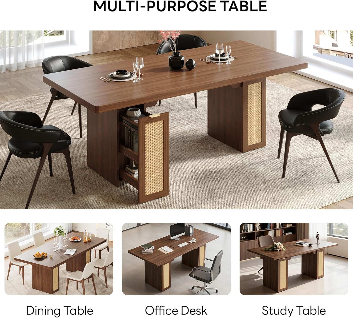 LIKIMIO 78.7' Farmhouse Dining Table for 6-8 People, Extra Thick Wood Top with 2 Hidden Adjustable Storage Drawers, Modern Woven Rattan Table for Dining Room, Kitchen, Living Room, Vintage Brown