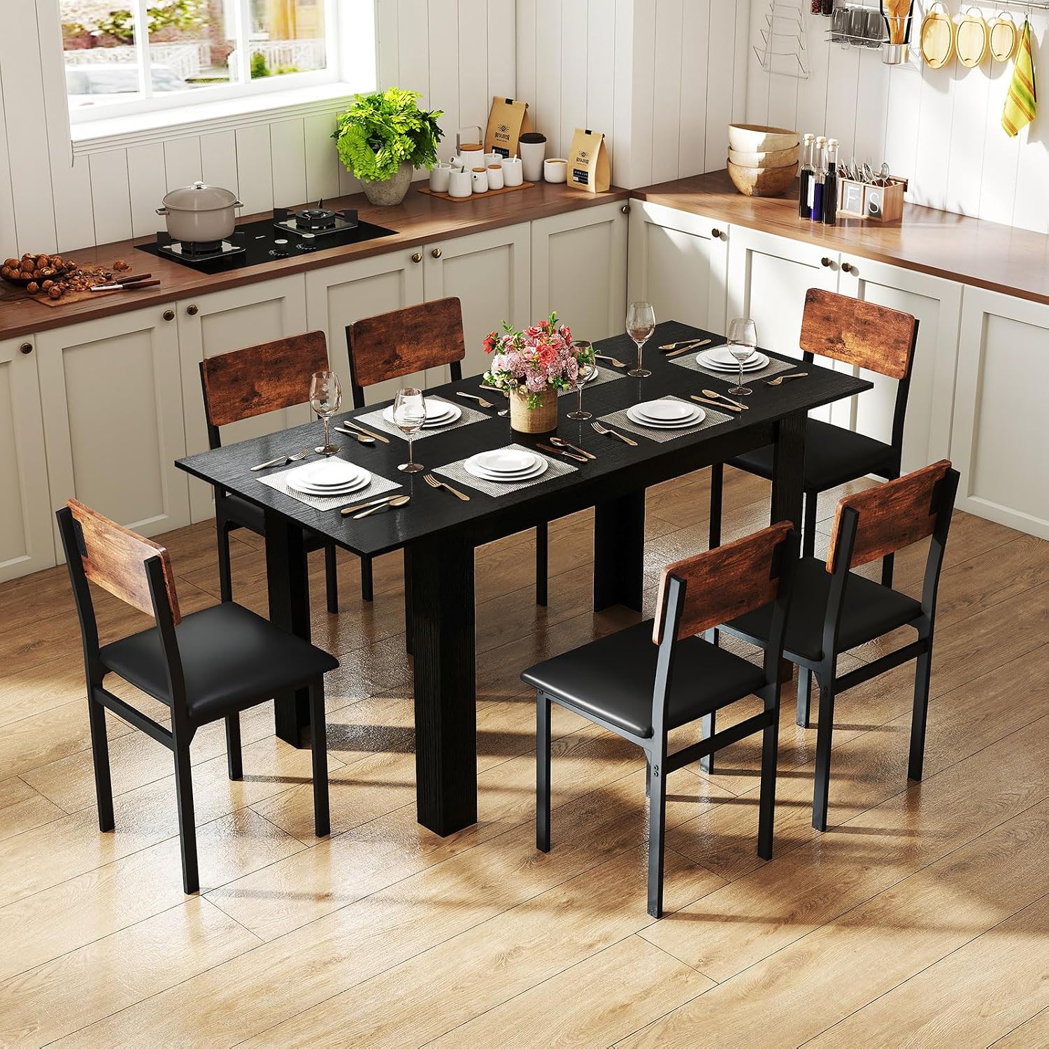 GOFLAME 47'-62' Extendable Dining Table for 4-6 People, Large Rectangular Kitchen Table with L-Shaped Legs, Space Saving Dining Room Table for Kitchen, Living Room, Office, Small Space, Black