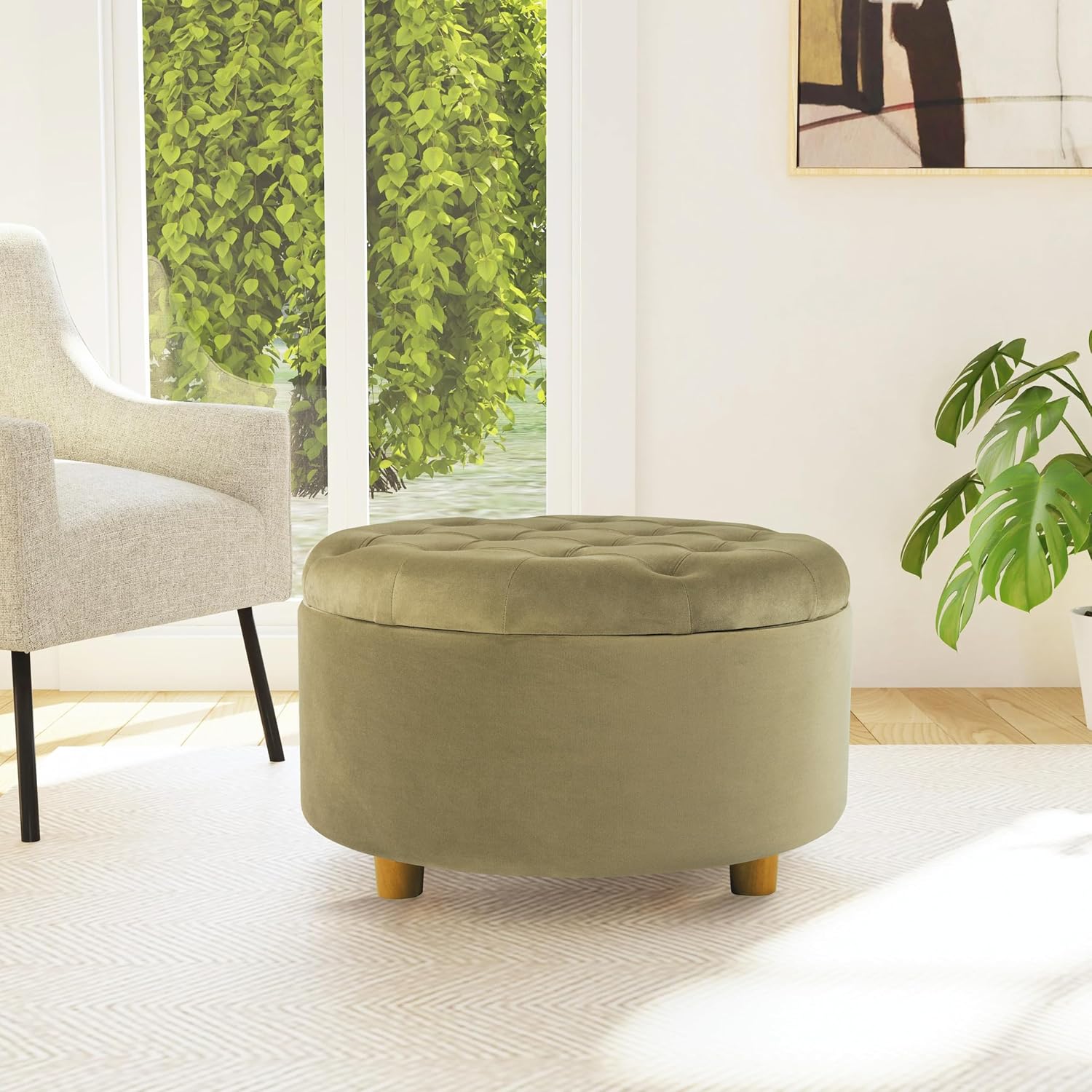 Homepop Home Decor | Button Tufted Velvet Round Storage Ottoman | Ottoman with Storage for Living Room & Bedroom, Light Sage Green Velvet