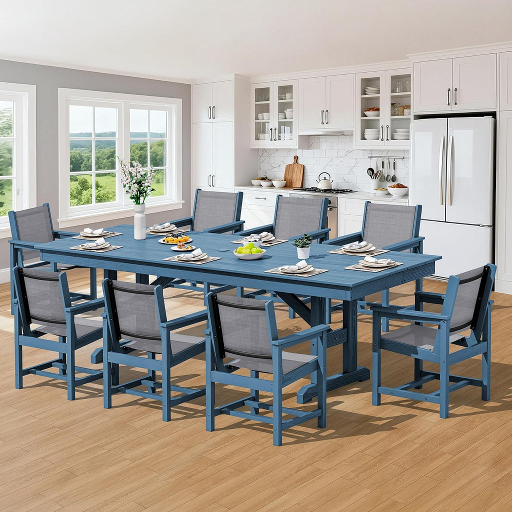 SERWALL 9 Piece Outdoor Dining Set, 84' HDPE Outdoor Large Table and Textilene Sling Chairs for 8，All Weather Patio Dining Furniture Set with Umbrella Hole for Backyard, Garden, Blue