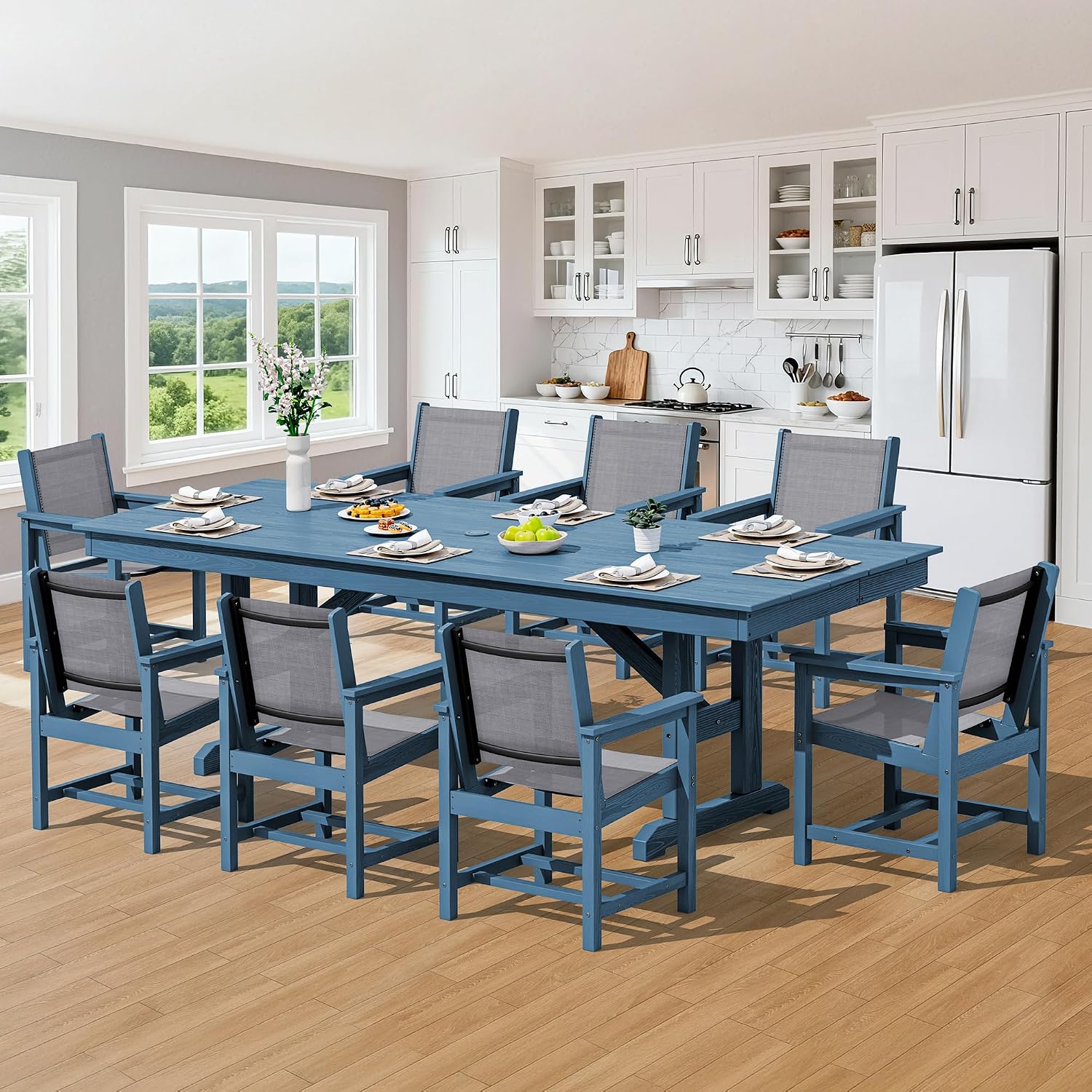 SERWALL 9 Piece Outdoor Dining Set, 84' HDPE Outdoor Large Table and Textilene Sling Chairs for 8，All Weather Patio Dining Furniture Set with Umbrella Hole for Backyard, Garden, Blue