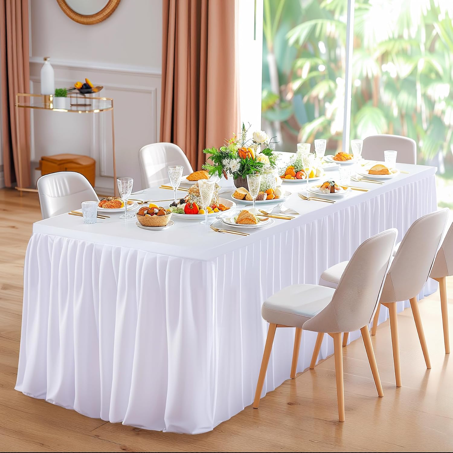 Wish Care 6 Pack White Rectangle Table Clothes for 8 Foot Tables, Polyester Fitted Tablecloths 8ft Stretch Table Cover for Wedding, Birthday, Parties, Trade Show, Craft Show