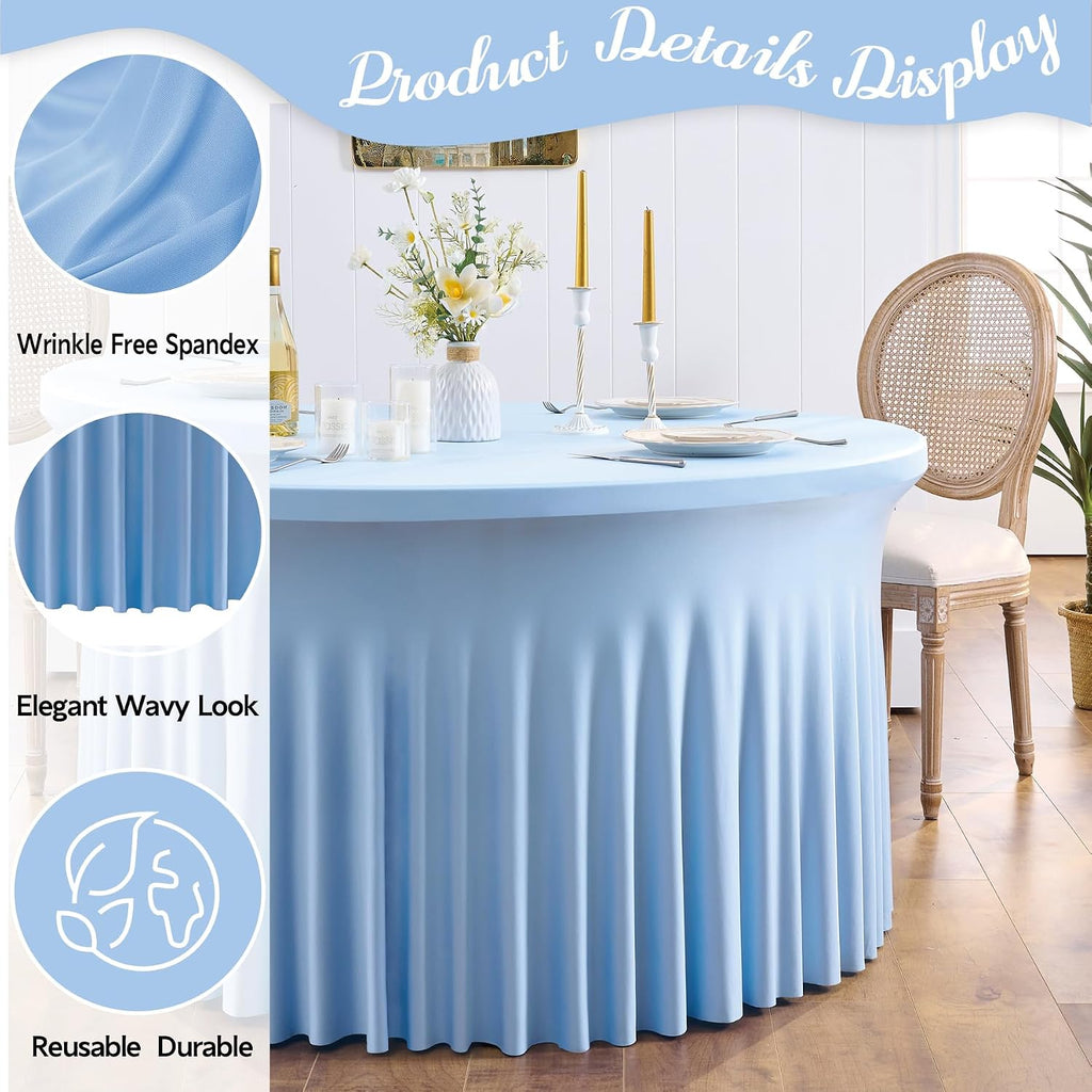 Outpain 6 Pack Spandex Baby Blue Round Tablecloths for 60in Tables, 120Inch Stretchy Fitted 5FT Round Table Clothes,Wrinkle Free Table Cover with Skirt for Wedding Party Dining Banquet