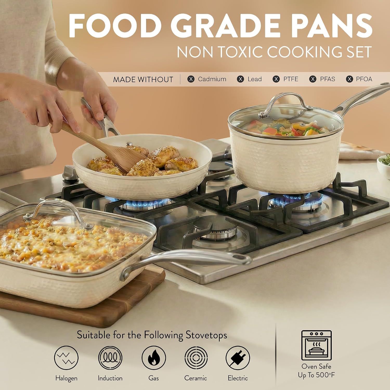 Gotham Steel Hammered 15Pcs Ceramic Cookware Set Nonstick, Induction Pots and Pans Set Non Stick with Bakeware Set & Steamer for Cooking, Non Toxic PFOA PFOS Free, Oven & Dishwasher Safe, Cream White