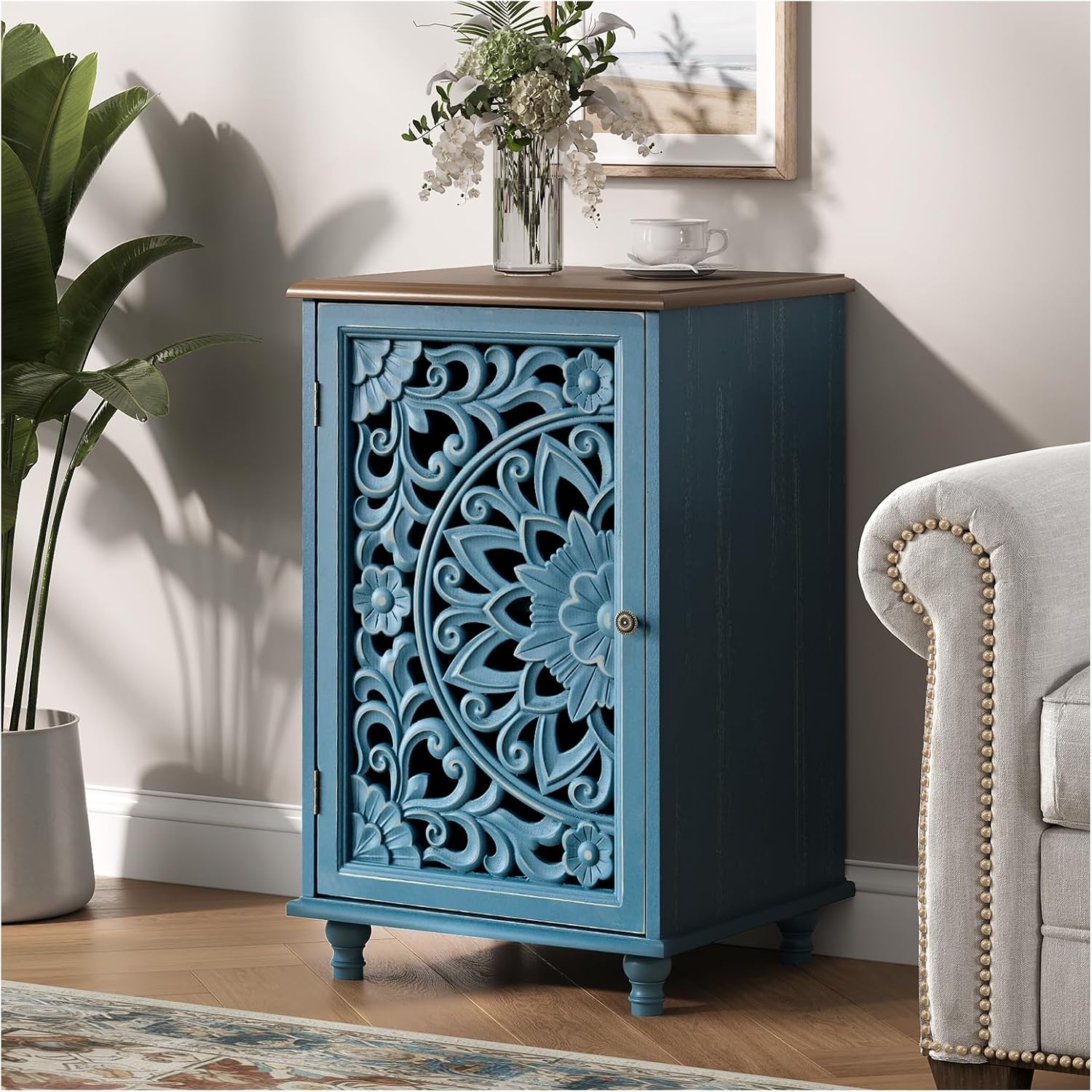 JOINICE Small Accent Cabinet with Carved Mandala Door,Storage Cabinet with Solid Wood Legs & Adjustable Shelf,Boho Distressed End Table for Living Room,Bedroom, Entryway Side Table(Blue & Walnut)