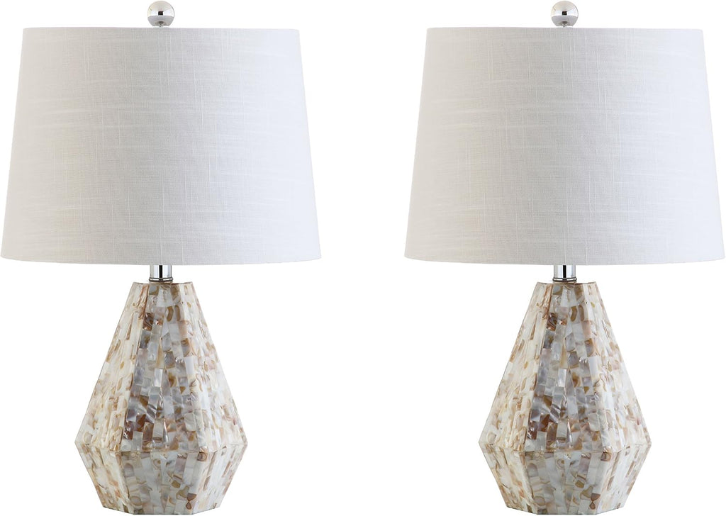 JONATHAN Y 21' Natural Ivory Seashell Mosaic Table Lamp Set of 2, Coastal Geometric Resin Bedside Lamps for Living Room Bedroom, White Linen Drum Shade, LED Bulbs Included JYL4004A-SET2