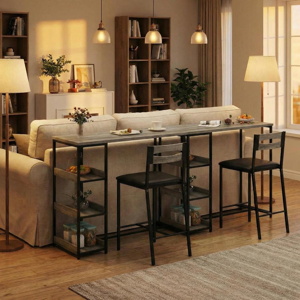 GarveeHome 3-Piece Kitchen Table Set with Storage Shelves & 2 Upholstered Chairs - Iron and Wood Dining Table for Small Spaces, Apartments, Condos, Grey