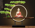 Houlu Red Buddha Statue with Green Artificial Tree and LED Circle Table Lamp, Indoor Ceramic Buddha Statues for Home Decor, 16.5 in