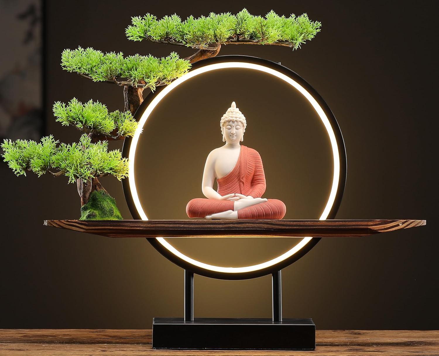 Houlu Red Buddha Statue with Green Artificial Tree and LED Circle Table Lamp, Indoor Ceramic Buddha Statues for Home Decor, 16.5 in