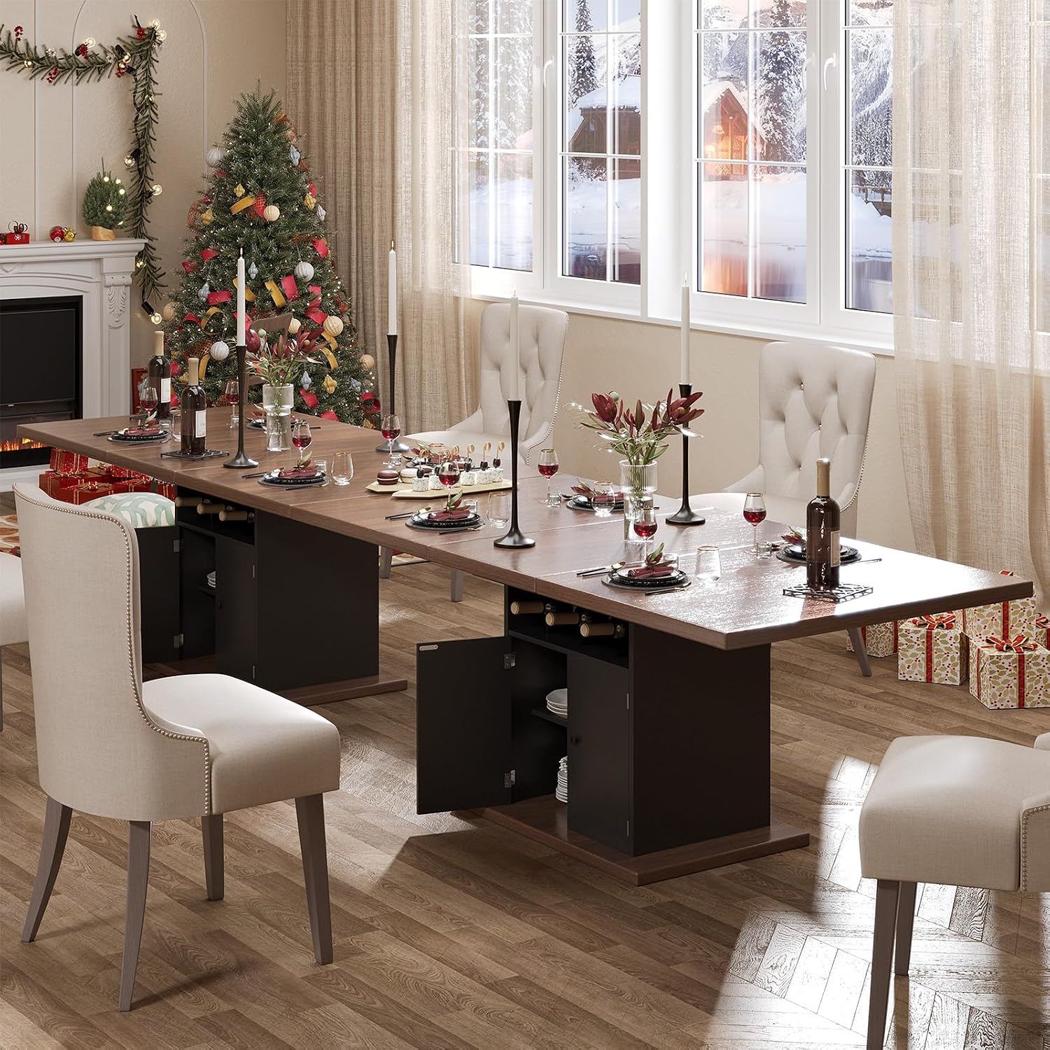 Extendable Dining Room Table for 4-6, 47-63 Inch Rectangle Kitchen Dining Table with Storage, Expandable Modern Rectangular Dinner Table for Kitchen, Dining Room, Black & Walnut