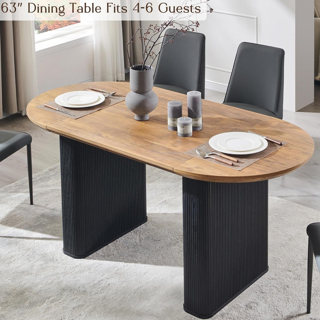T4TREAM 63' Fluted Oval Dining Table for 4-6, Mid-Century Modern Kitchen Table with Thickened Edge & Strip Base, Wood Luxury Table for Dining Room/Kitchen/Home Office, Gold Brown&Black(Table Only)