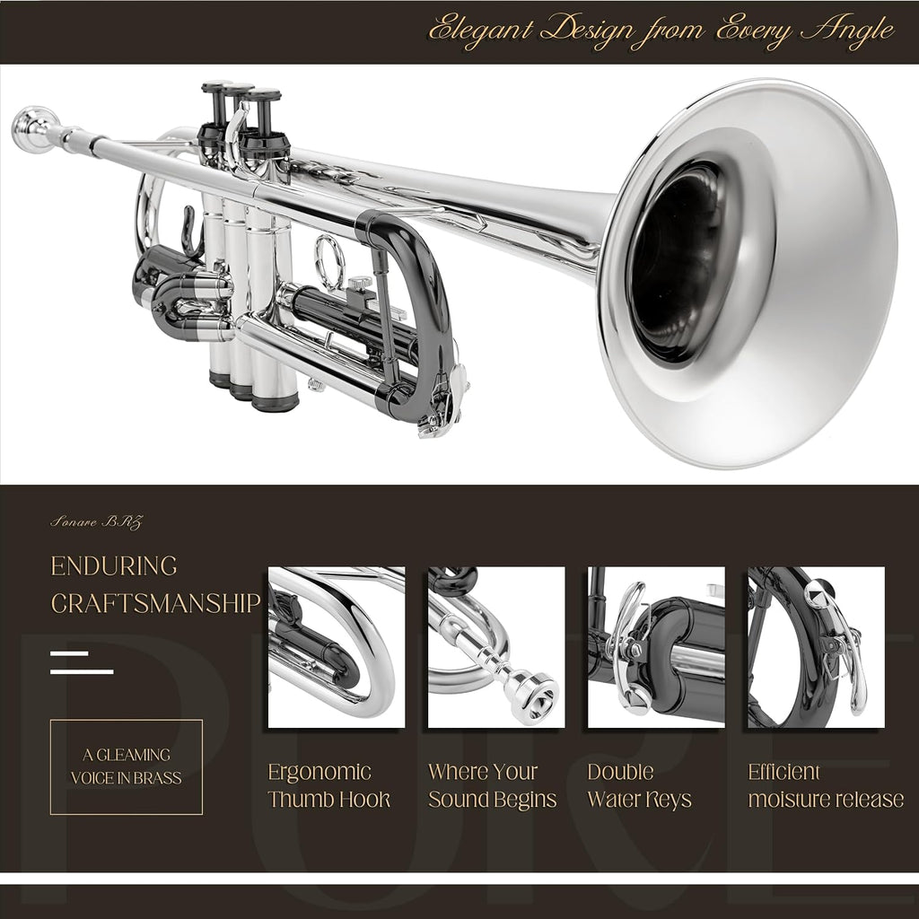 AKLOT Hand-Hammered Bell Bb Trumpet: Smooth Valve Action, Clear-Lacquered Brass Body, Standard Trumpet Beginner Set with Leather Case, Lesson Book, Trumpet Mute, Mouthpiece, Cleaning Kit (SNR-BrzBS)