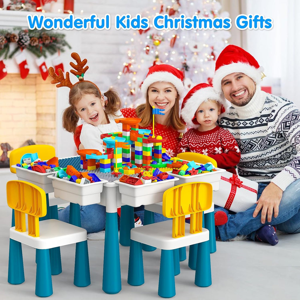 OCATO Toddlers Kids Table and 4 Chairs Set: Activity Table with 152Pcs Large Marble Run Building Blocks Storage All in One Play Sensory Water Tables Sand Tables for Boys Girls 3 4 5 6 Year Old