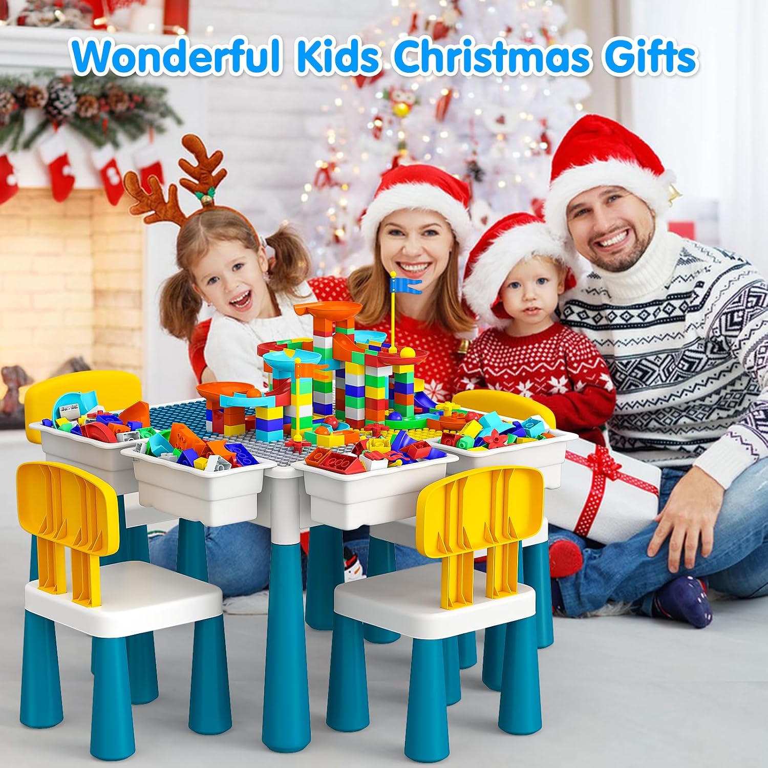 OCATO Toddlers Kids Table and 4 Chairs Set: Activity Table with 152Pcs Large Marble Run Building Blocks Storage All in One Play Sensory Water Tables Sand Tables for Boys Girls 3 4 5 6 Year Old
