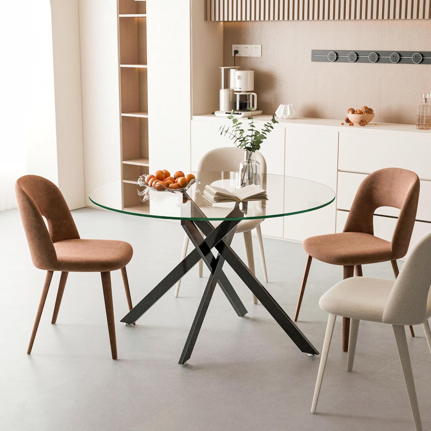 47.25' Round Dining Table for 6, Modern Clear Glass Kitchen Table for 6 with Black X Metal Legs, Contemporary Small Circle Dining Room Leisure Tables for Kitchen Apartment