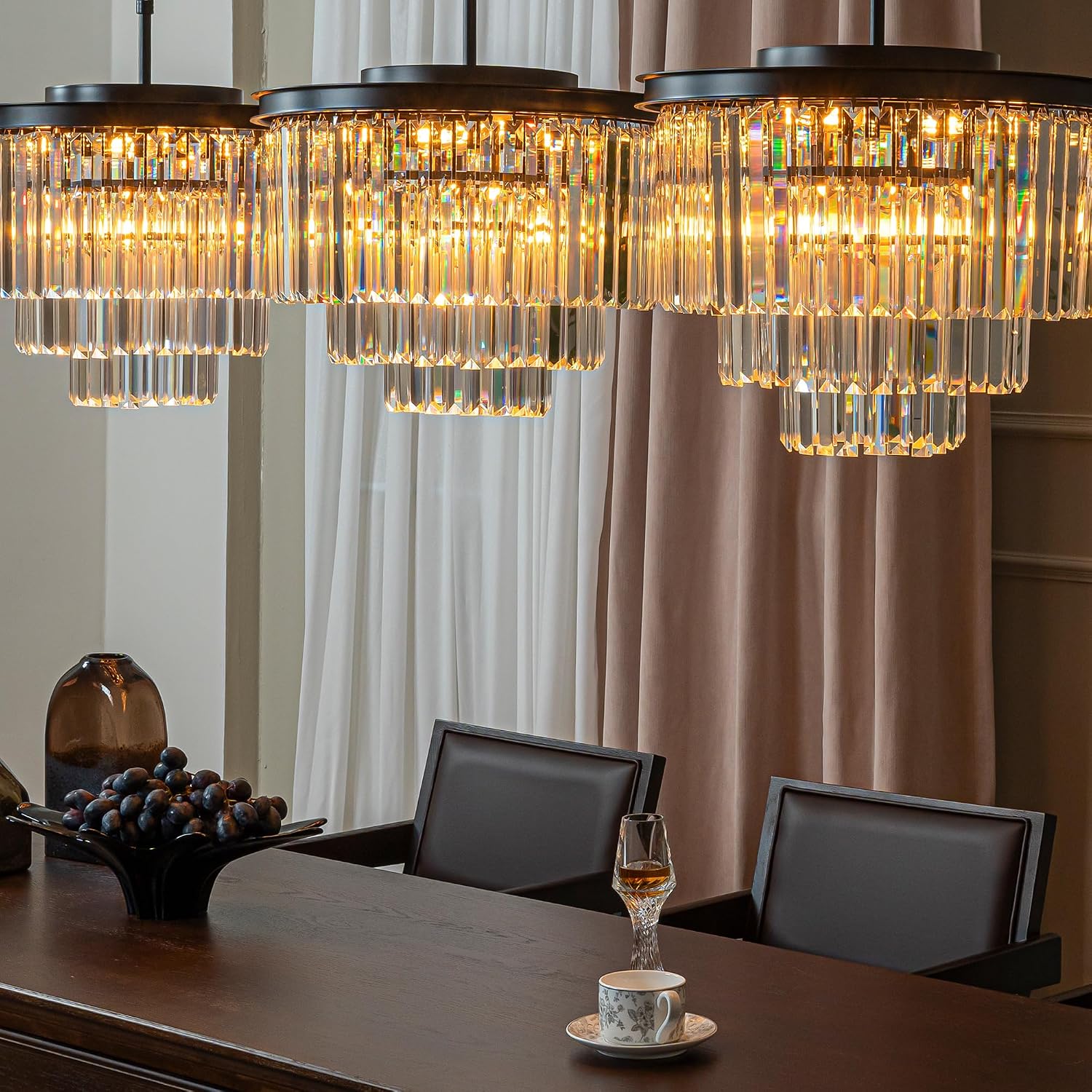 ALPADECOR 6-Light W 20' Modern Matte Black 3-Tier Round Fringe Crystal Chandelier Black Finish Frame Close to Ceiling Dual-Use Light for Dining Room Living Room