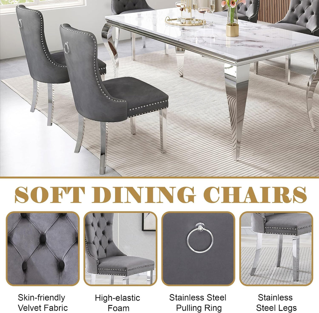 Marble Dining Table Set for 6,70' White Faux Marble Kitchen Table and Velvet Chairs for 6,7 Piece Luxury Dining Room Table Set and 6 Grey Tufted Dinning Chairs with Silver Stainless Steel Legs