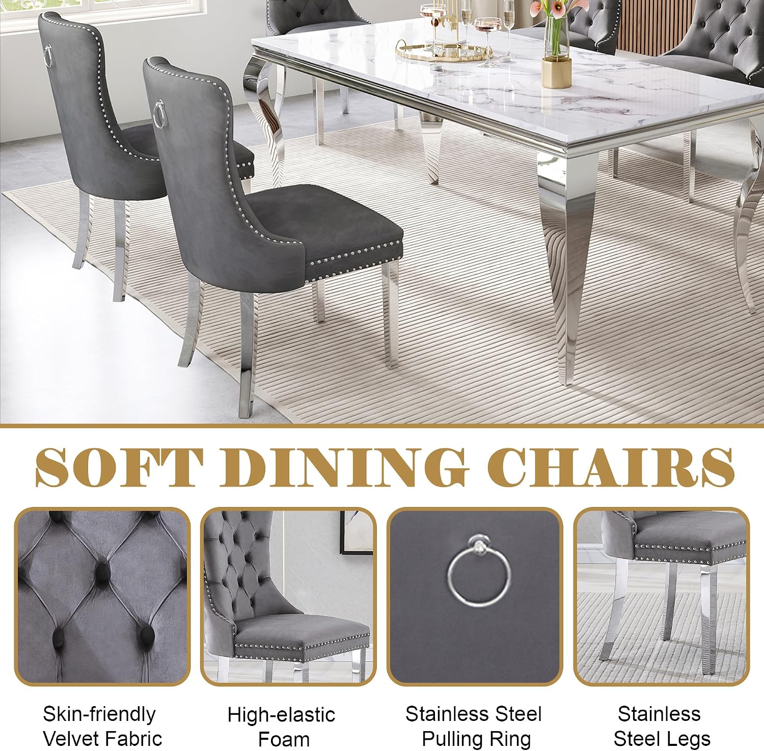 Marble Dining Table Set for 6,70' White Faux Marble Kitchen Table and Velvet Chairs for 6,7 Piece Luxury Dining Room Table Set and 6 Grey Tufted Dinning Chairs with Silver Stainless Steel Legs
