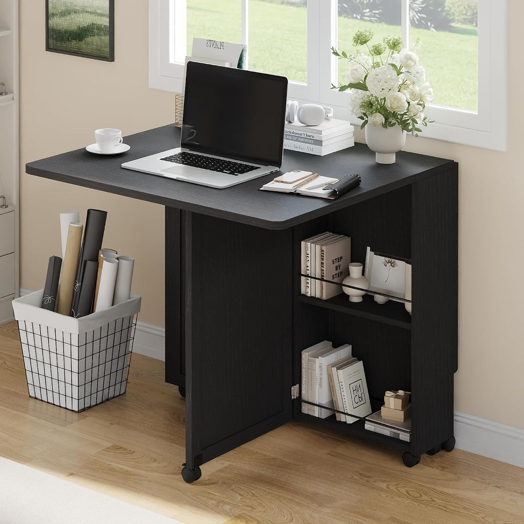 Garvee Folding Dining Table with Storage, Folding Kitchen Table with 6 Wheels, Drawer & Shelves, Compact Dining Table for Small Spaces