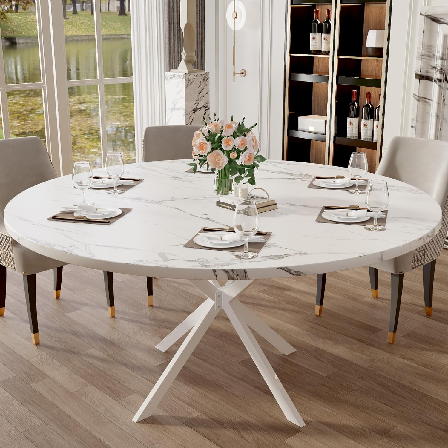 47.24' Round Dining Table for 4-6 Person, Round Kitchen Table with Wood Top, Circle Dinner Pedestal Tables with Metal Legs for Dining Room Kitchen (White Marble)