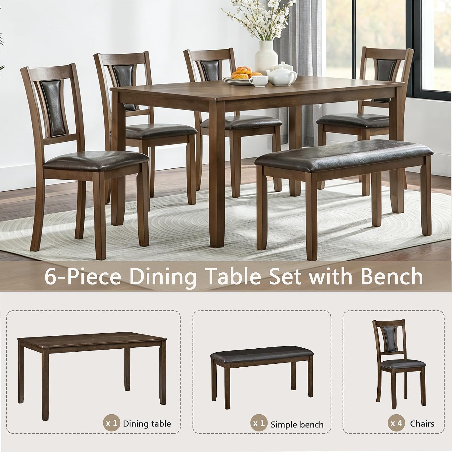 LUMISOL 6-Piece Modern Dining Table Set with Upholstered Chairs of 6, Wooden Rectangular Table for 6-7 People, Farmhouse Kitchen Table Set with Bench for Restaurant, Walnut