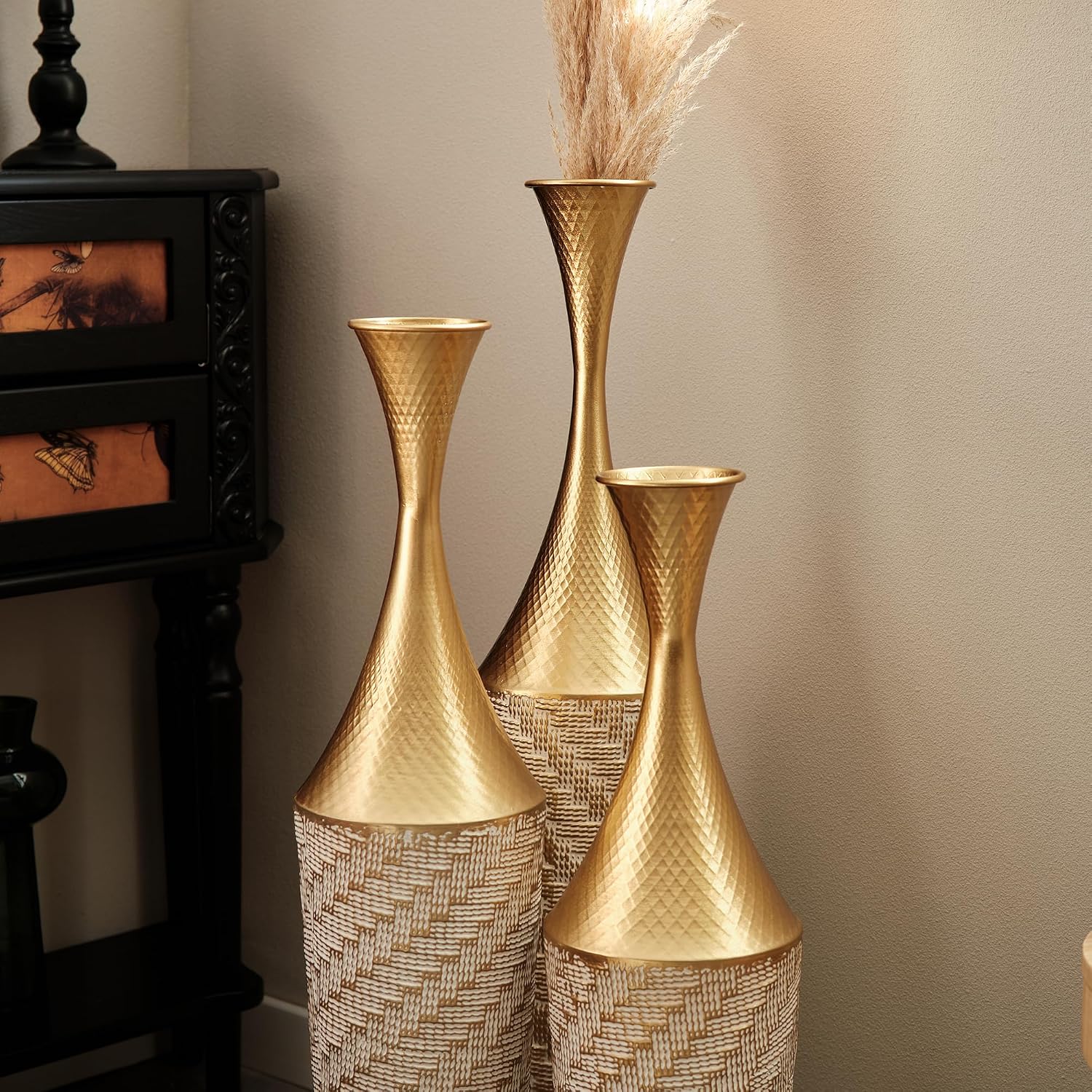 Floor Metal Decorated Vases Set of 3 for Gorgeous Home Decoration Large Glazed Metal Vases (Champagne)
